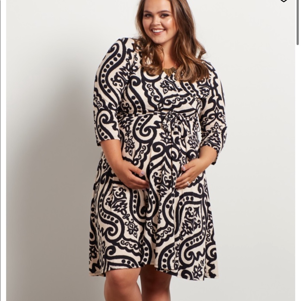 Black Damask Sash Tie Plus Maternity Dress
